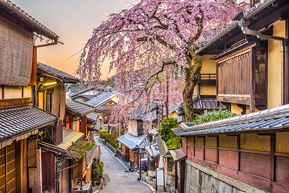 View of beautiful downhill street in Japan.