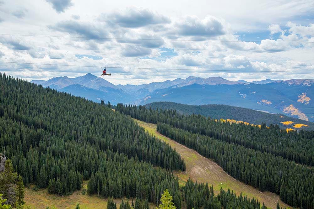 person zip lining over a forest
