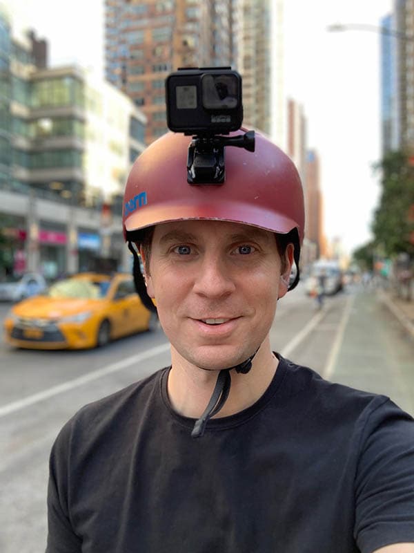Man wearing a camera helmet